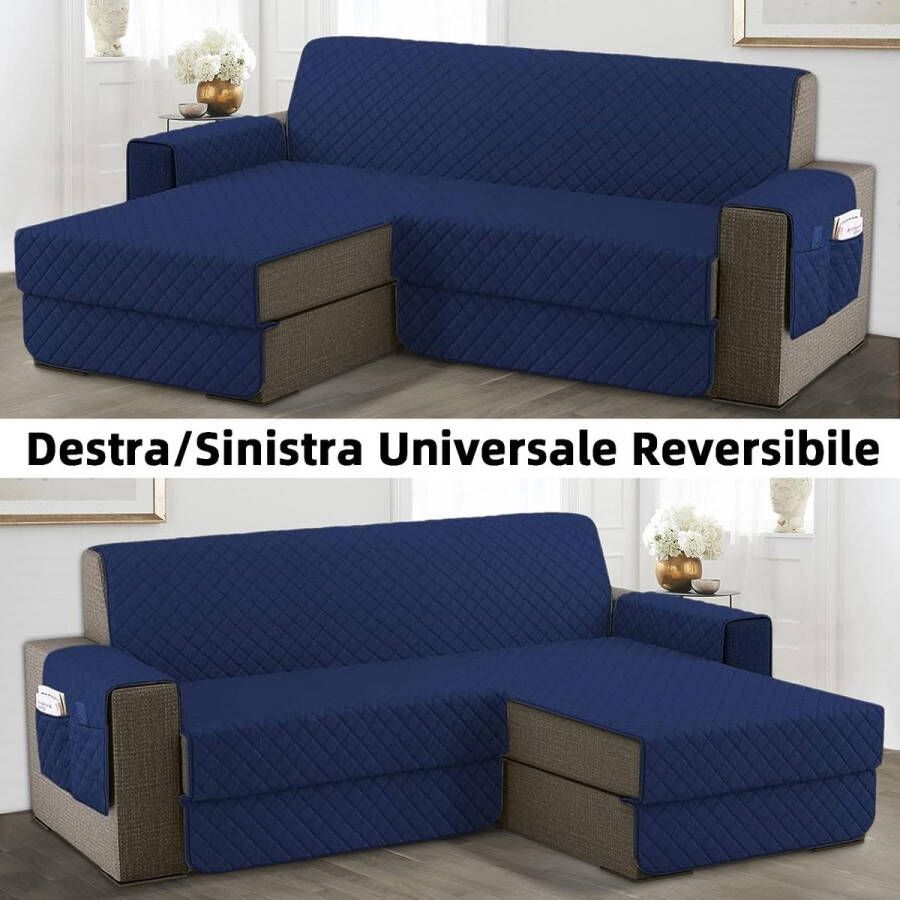 Bankovertrek L-vorm 300 cm zetelbeschermer waterdicht omkeerbaar met kussen geschikt voor alle banken blauw