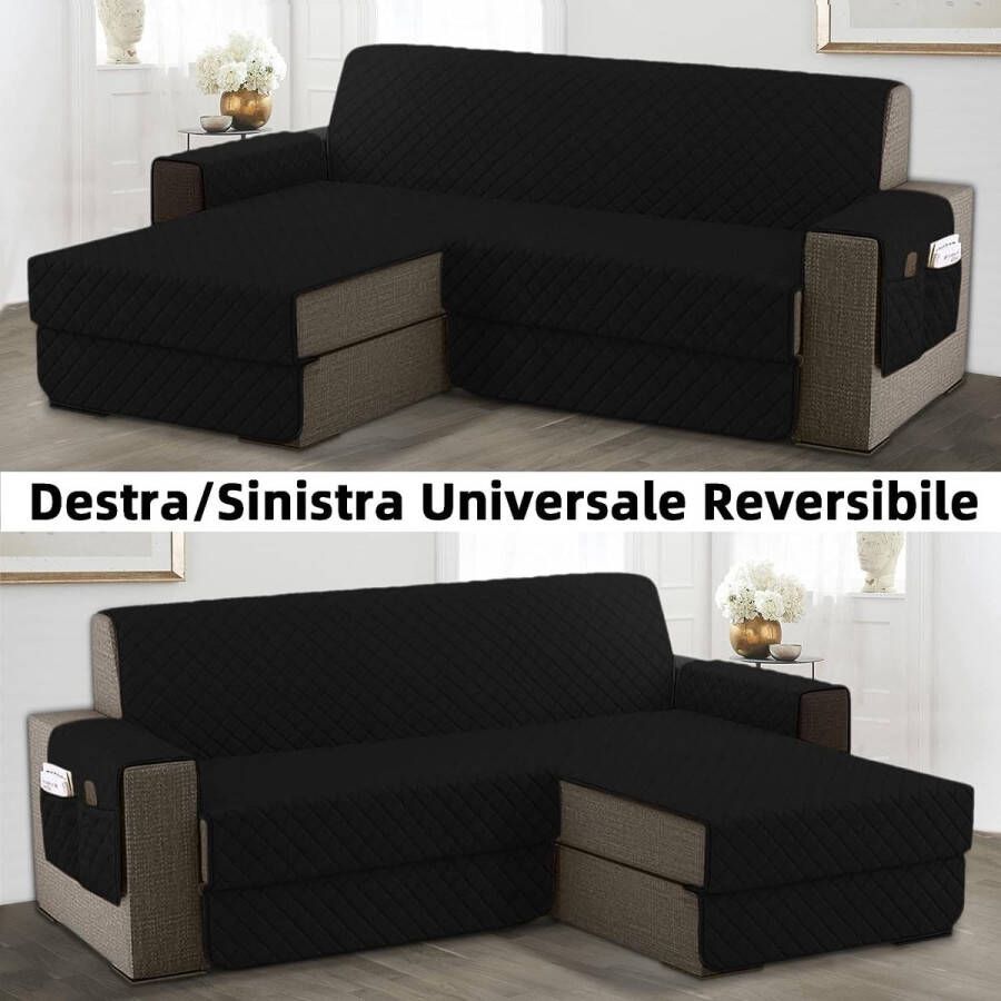 PolkaHome Bankovertrek L-vorm 300 cm zetelbeschermer waterdicht omkeerbaar met kussen geschikt voor alle banken zwart