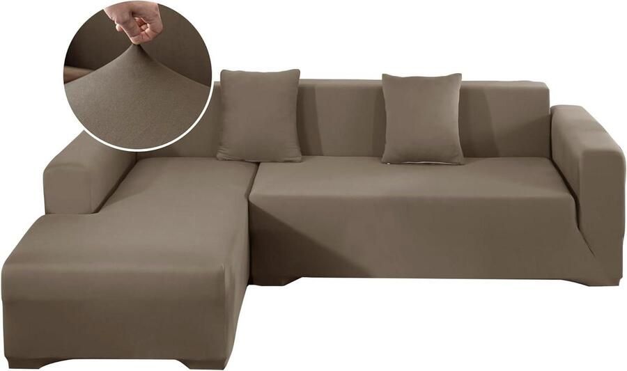 Bankovertrek L-vorm hoekbank stretchstof wasbaar 2 kussenslopen antislip schuimrolletjes 3-zits + 3-zits kaki hoekbank hoes stretch