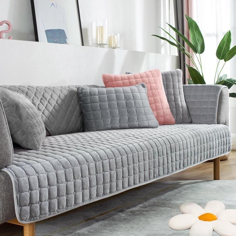 Fluweel antislip bankovertrek voor L-vormige hoekbank grijs 1-2-3-4-zitsbank