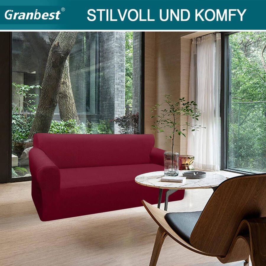 Bankovertrek voor bank stijlvol patroon stretch elastische jacquard bankovertrek met armleuning voor woonkamer antislip (3-zits wijnrood)