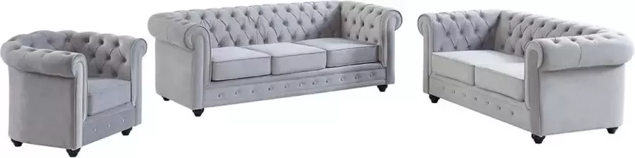 Vente-unique Zitbank en fauteuil CHESTERFIELD velours lichtgrijs L 205 cm x H 72 cm x D 88 cm - Foto 2