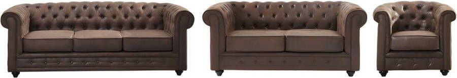 Bankstel en fauteuil CHESTERFIELD van microvezel met vintage look L 205 cm x H 72 cm x D 88 cm