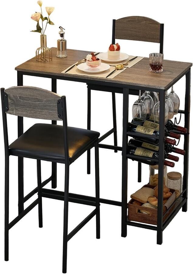 Bar Table Set for 2 with Footrest Kitchen Dining Table with 2 Upholstered Chairs Small Space Counter Height Barstools for Counter Bar Sturdy and Durable Easy to Assemble Rustic Brown
