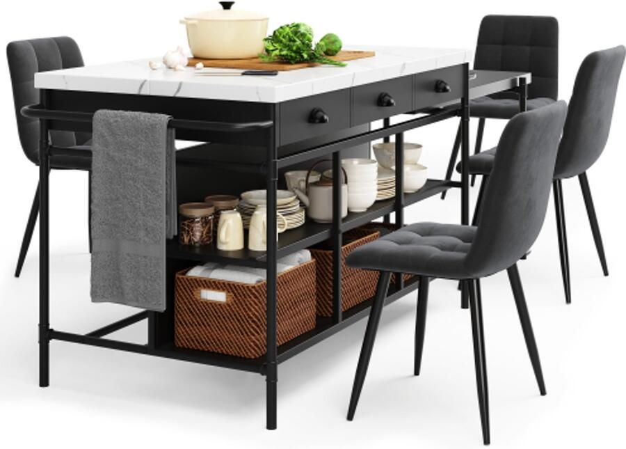 Steven Bar-tafel met barkruk set moderne keuken-eiland met vier stoelen multifunctioneel eetkamer-set kasten voor keuken eetkamer of woonkamer grijs stoel