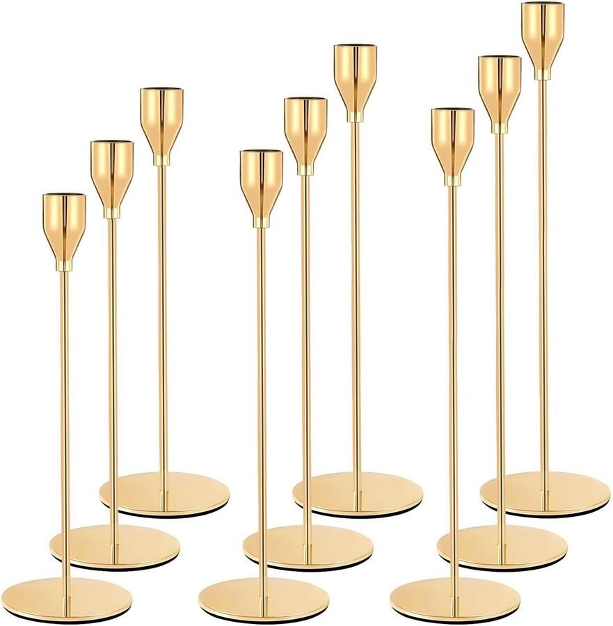 BARAKYEG Kandelaar Goud 9 Set Nieuwe Kaarsenhouder Bruiloft Kaarsenstandaard Hoge Kandelaar Taps Toelopende Kaarsenhouder voor Feest Bruiloft Decoratie Tafel Verjaardag Diner Kaarsenhouder Vintage Decoratie Goud