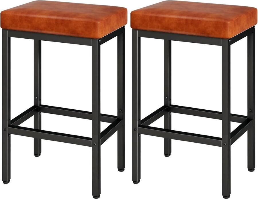Retadou Barkruk 2-delige set 66 cm barkruk karamelbruin leer 6 cm dik kussen barstoel keukenstoelen met metalen frame voor keuken eetkamer