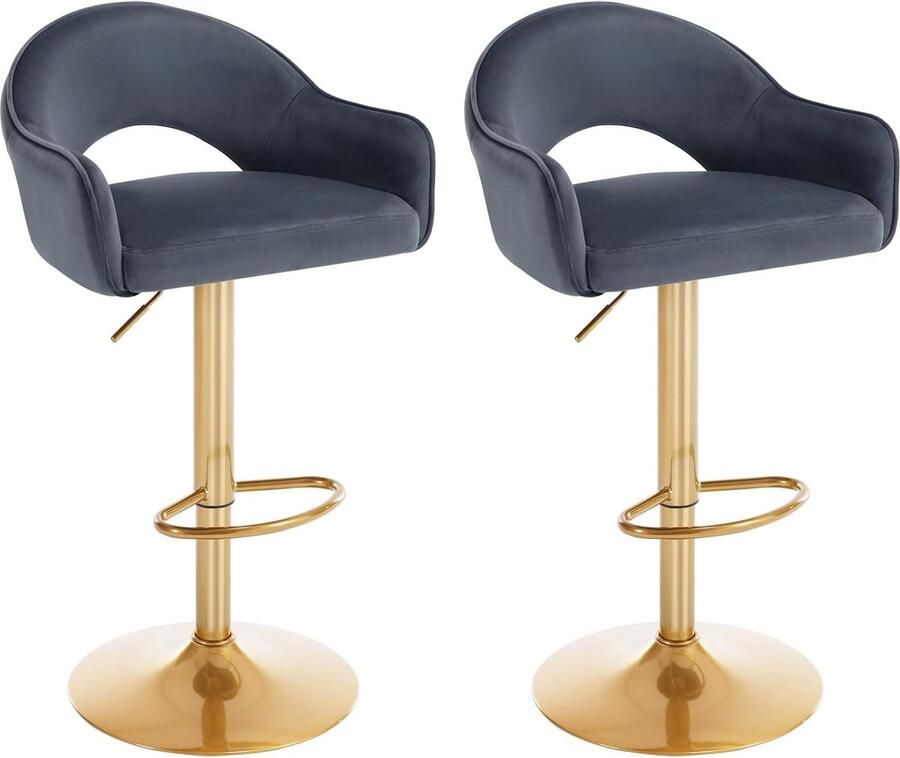 Barkruk 2-delige set barstoel bistrokruk barstoel met rugleuning voetensteun in hoogte verstelbaar draaibaar gewatteerd fluweel metaal donkergrijs + goud