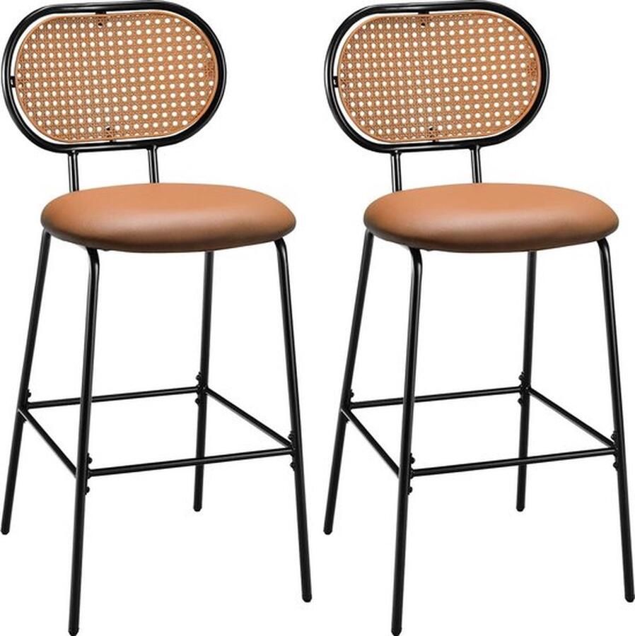 Barkruk 2-delige set barstoel met rugleuning van imitatie rotan keukenstoelen hoogte 75 cm met metalen frame en voetensteun barkruk voor bistro thuis restaurant