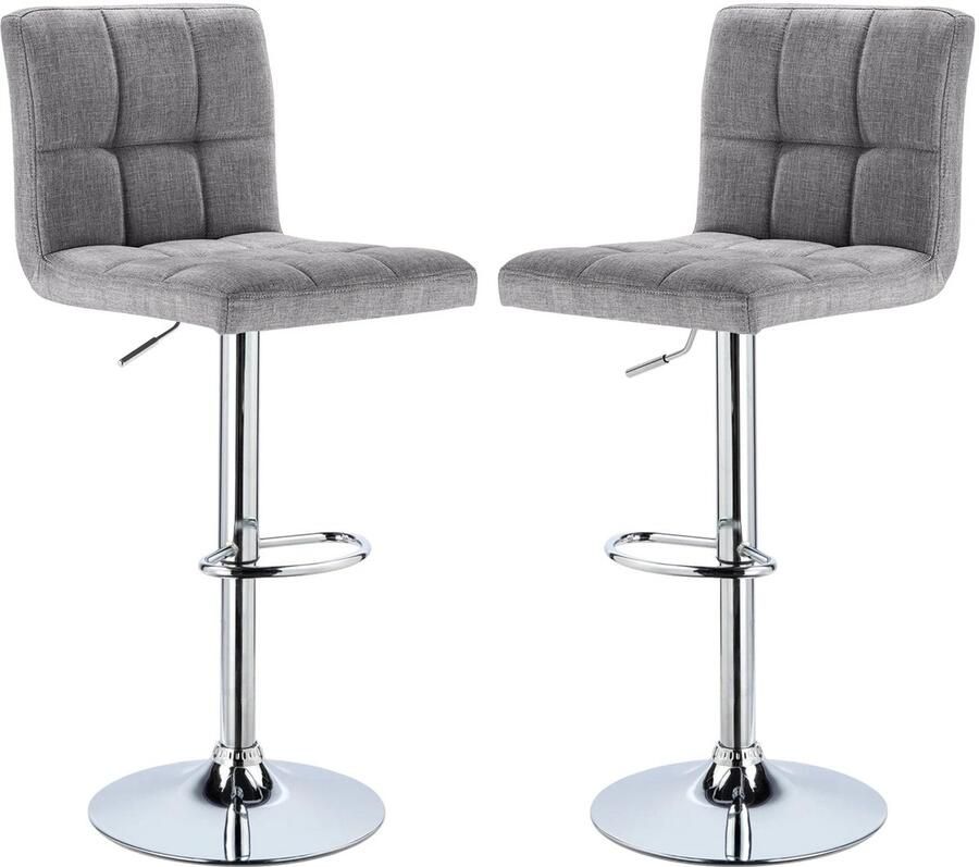Barkruk 2-delige set Hoogte verstelbaar Lichtgrijs linnen bekleed Gevoerde zitting Met rugleuning Chroom stalen frame Voetsteun opgenomen Antislip vloerbescherming Max. belasting 100 kg Voor keuken ontbijtbar café of bistro