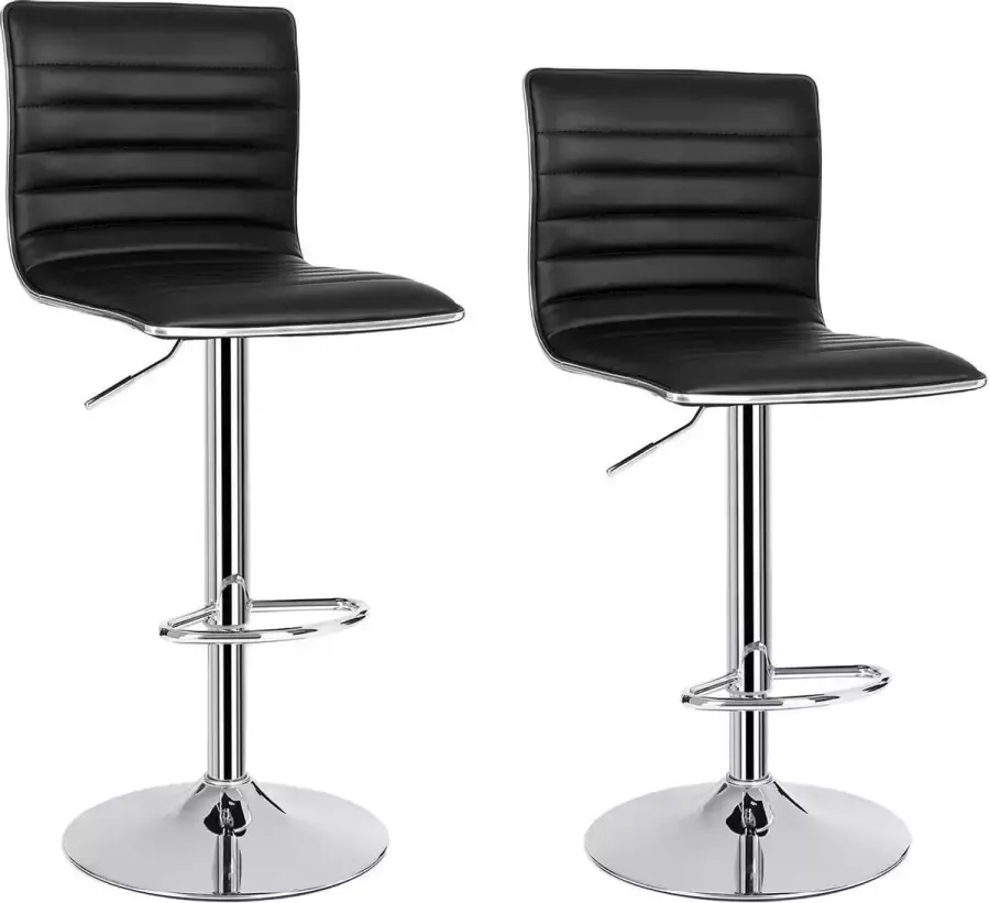 Barkruk 2-delige set in hoogte verstelbaar kunstleer 360 ° draaiend met rugleuning & voetensteun verchroomd staal