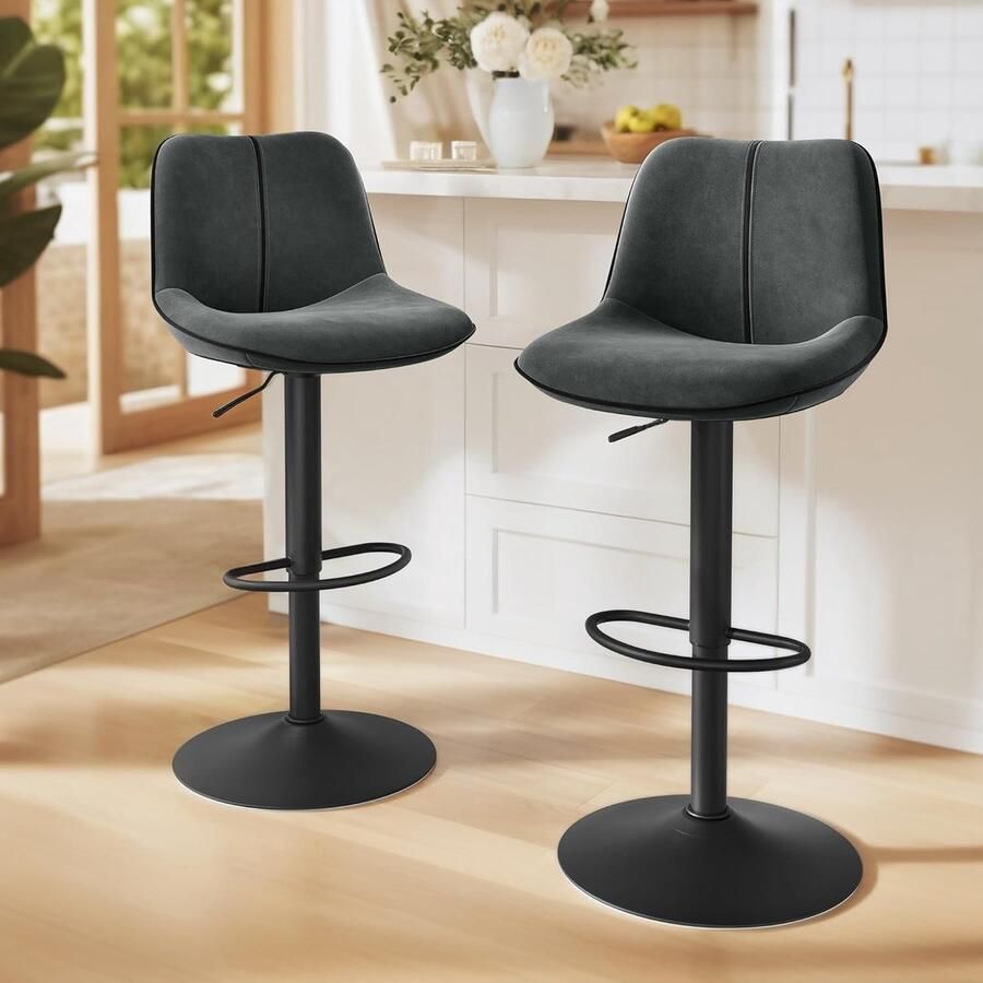 Barkruk 2-delige Set – In Hoogte Verstelbare en Draaibare Keukenkruk met Ergonomische Rugleuning Fluwelen Bekleding Modern Design Antracietgrijs Voor Keukeneiland of Huisbar