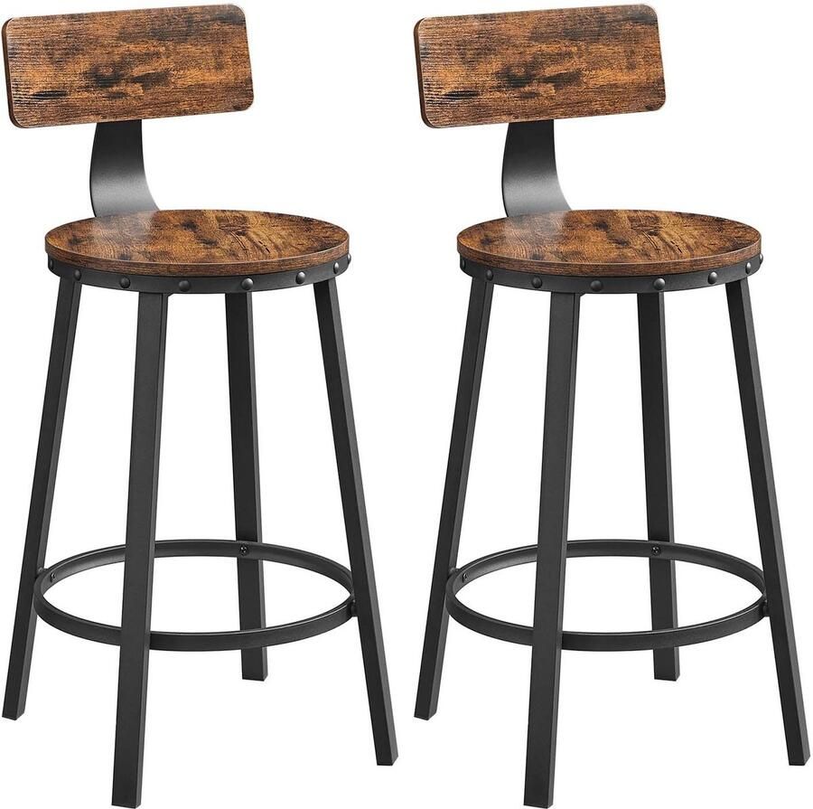 Barkruk 2-delige set Keukenstoelen Hoge stoelen Werkstoelen Met rugleuning en voetensteun Stevige metalen basis Geschikt voor bar restaurant en studio 50 6 x 50 6 x 88 5 cm Bruin + Zwart