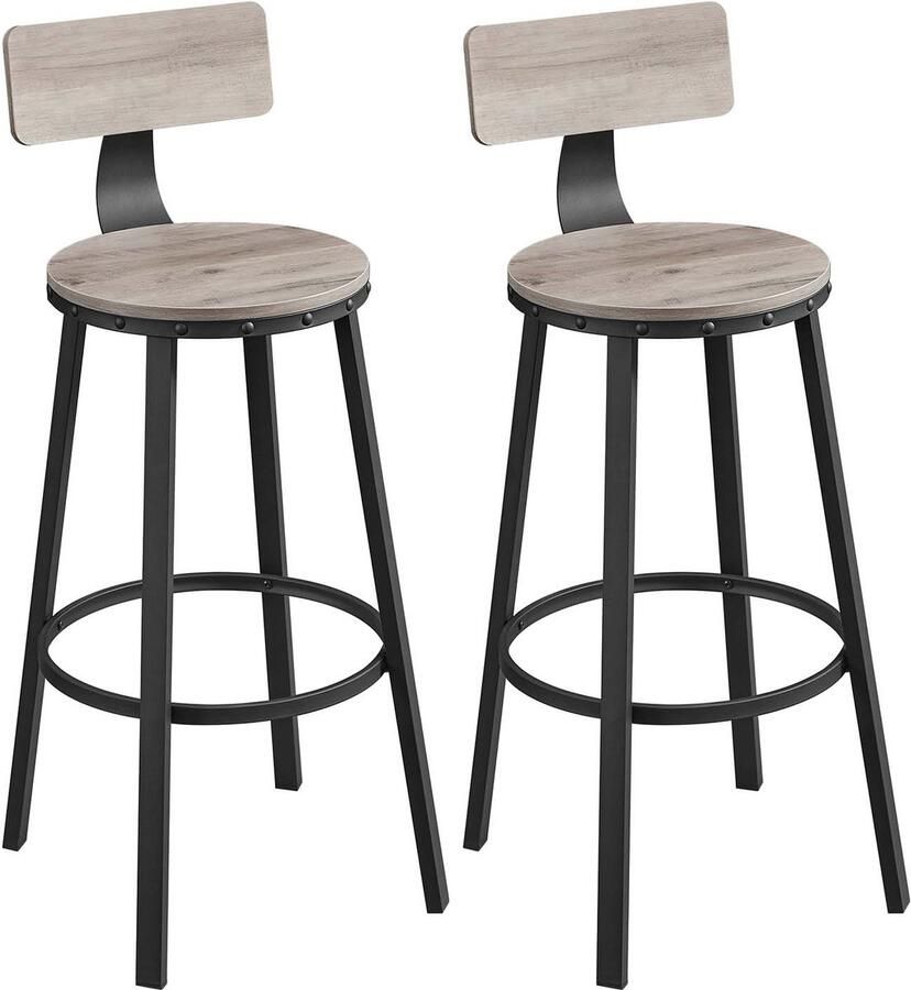 Barkruk 2-delige set Keukenstoelen Hoge stoelen Werkstoelen Met rugleuning en voetensteun Stevige metalen basis Geschikt voor bar restaurant en studio 54 x 54 x 99 cm grijs + Zwart