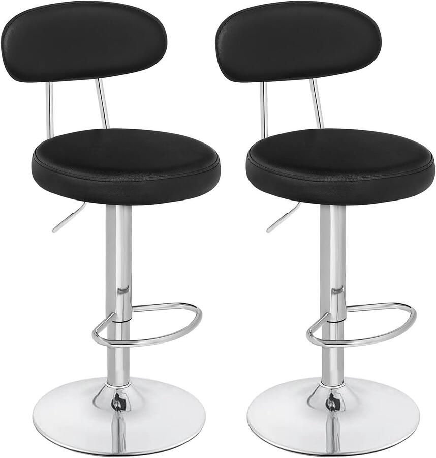 Barkruk Barkrukken Set van 2 Barstoelen Keukenstoelen van PU In hoogte Verstelbaar 360° Draaibaar met Rugleuning Voetensteun Gevoerde Zitting 33 x 33 x 60-80 cm Zwart