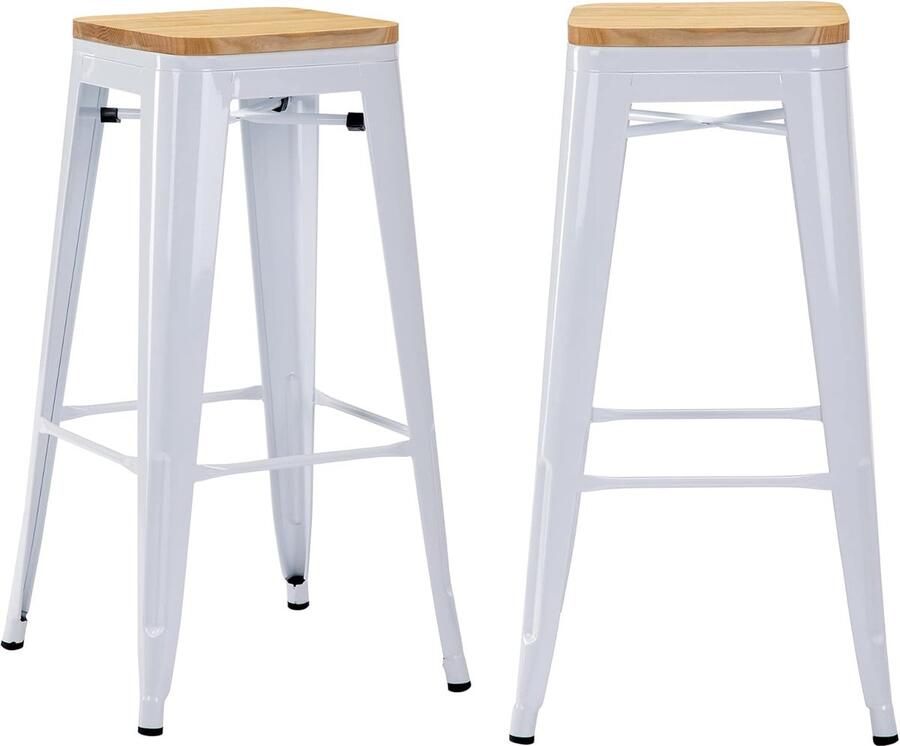 Barkruk ijzer barstoelen set van 2 zithoogte 76 cm barkruk stapelbare metalen bistrokruk met voetensteun Stikoppervlak van hout wit + natuurlijk hout
