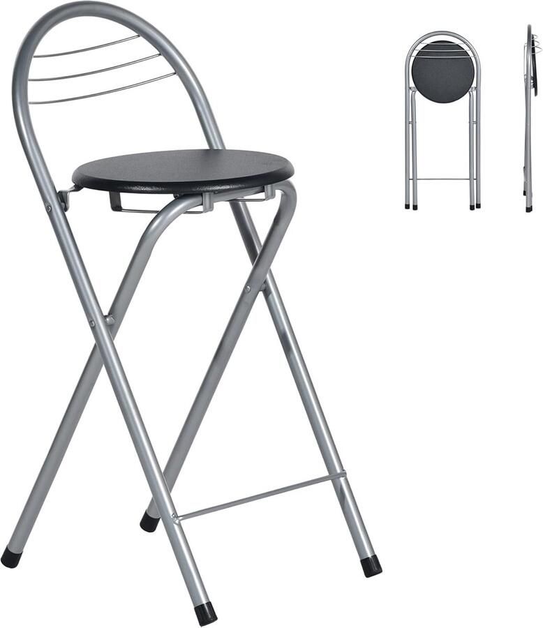Inklapbare Barkruk met Rugleuning – Opvouwbare Kruk voor Binnen en Buiten 61 cm Zithoogte Zwart Zilver