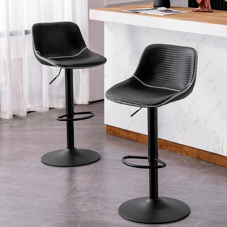 Barkruk met rugleuning set van 2 moderne kunstleren barstoelen met rugleuning 55-80 cm in hoogte verstelbaar 360 graden draaibaar voor keuken bar keukeneilanden zwart