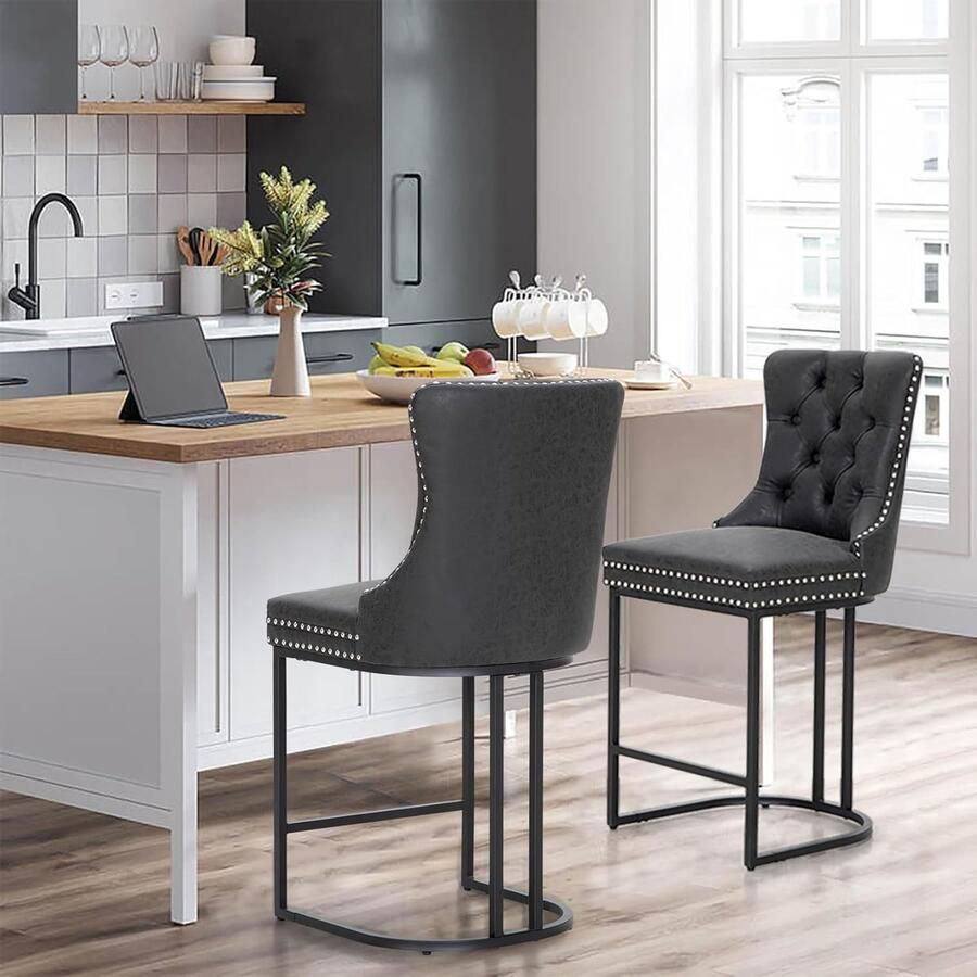 Retadou Barkruk set van 2 barkrukken modern kunstleer barchairs met knoop en klinknagels gestoffeerd keukenkruk rugleuning voetensteun van metaal ontbijtkruk
