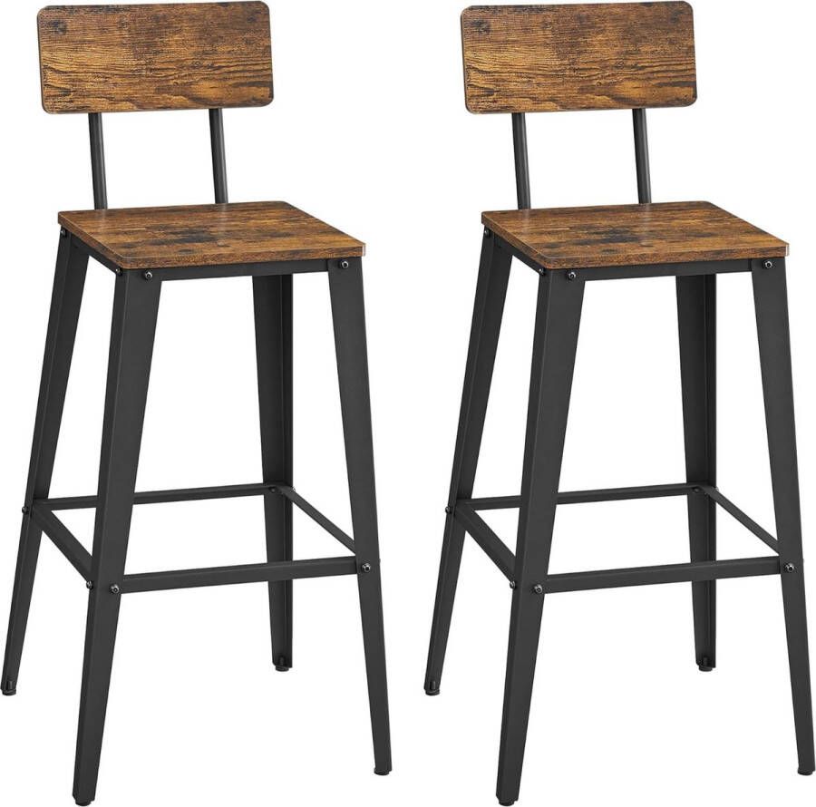 Barkruk set van 2 barstoelen keukenstoelen met rugleuning stalen frame eenvoudige montage industrieel ontwerp vintage bruin-zwart