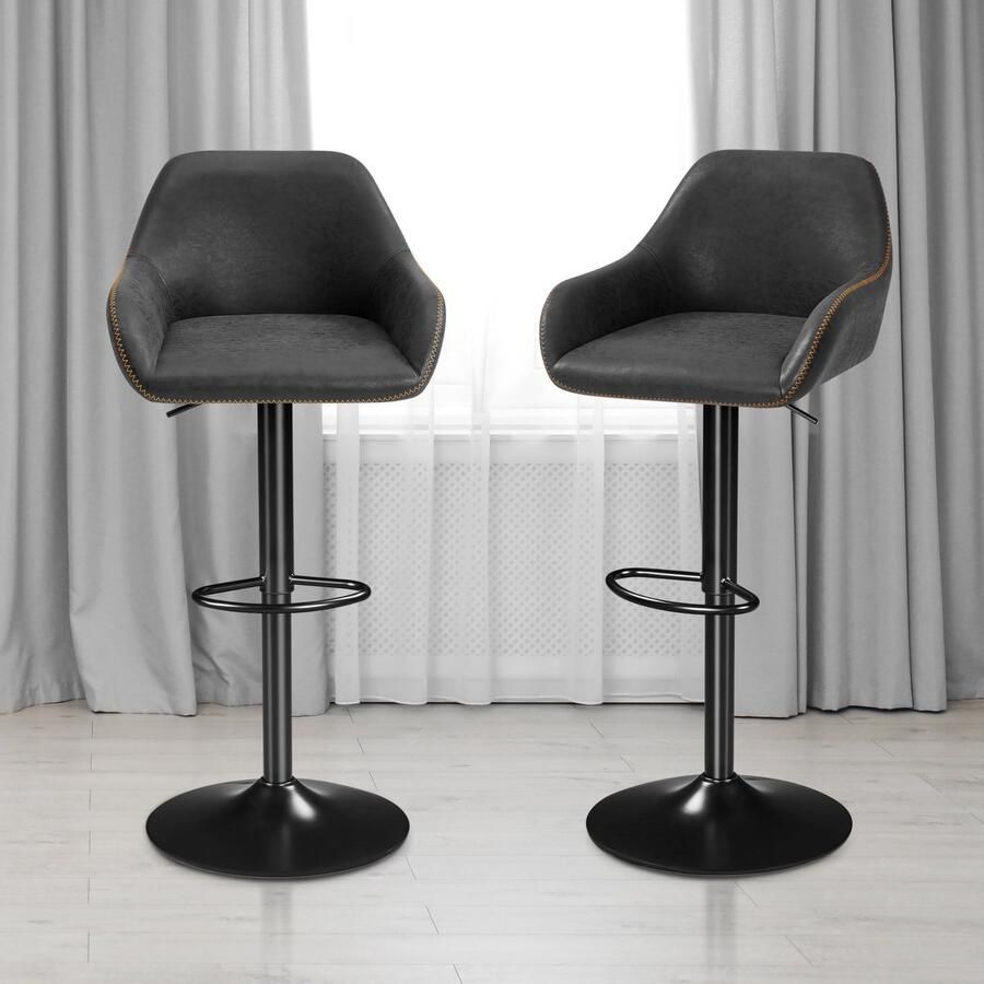 Barkruk set van 2 draaistoel met rugleuning in hoogte verstelbare werkkruk 360° draaibare bistrokruk barstoel met voetensteun barkruk zwart