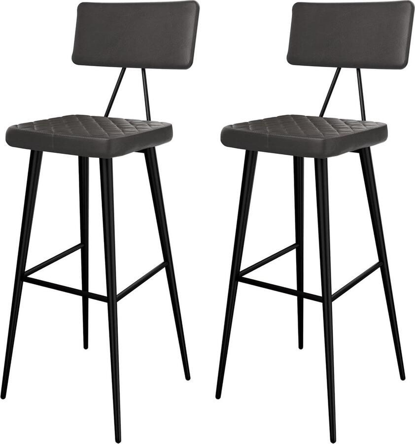 Grijze barkruk set van 2 kunstleren zitting rugleuning voetensteun industrieel design keukenstoel met stalen frame Barkruk