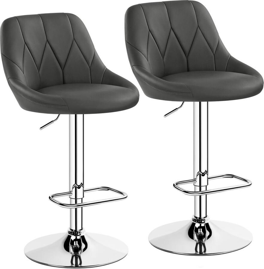 Barkruk set van 2 in hoogte verstelbare barstoel 360° draaibare barkruk gestoffeerde kruk met kunstleer voor keuken bar salon eetkamer donkergrijs