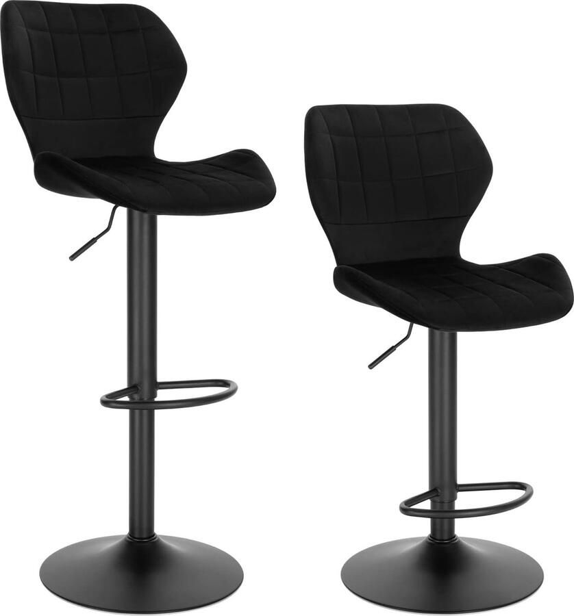 Barkruk set van 2 in hoogte verstelbare krukken 60-82 cm 360 graden draaibare stoel met rugleuning voetensteun barstoel van fluweel metaal zwart