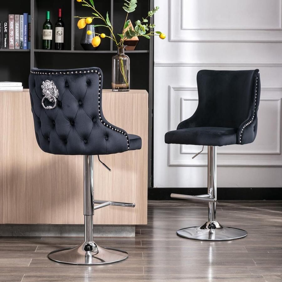 Barkruk Set van 2 – Zwarte Fluwelen Barstoelen met Rugleuning In Hoogte Verstelbare Draaibare Keukenkrukken voor Bar en Aanrecht