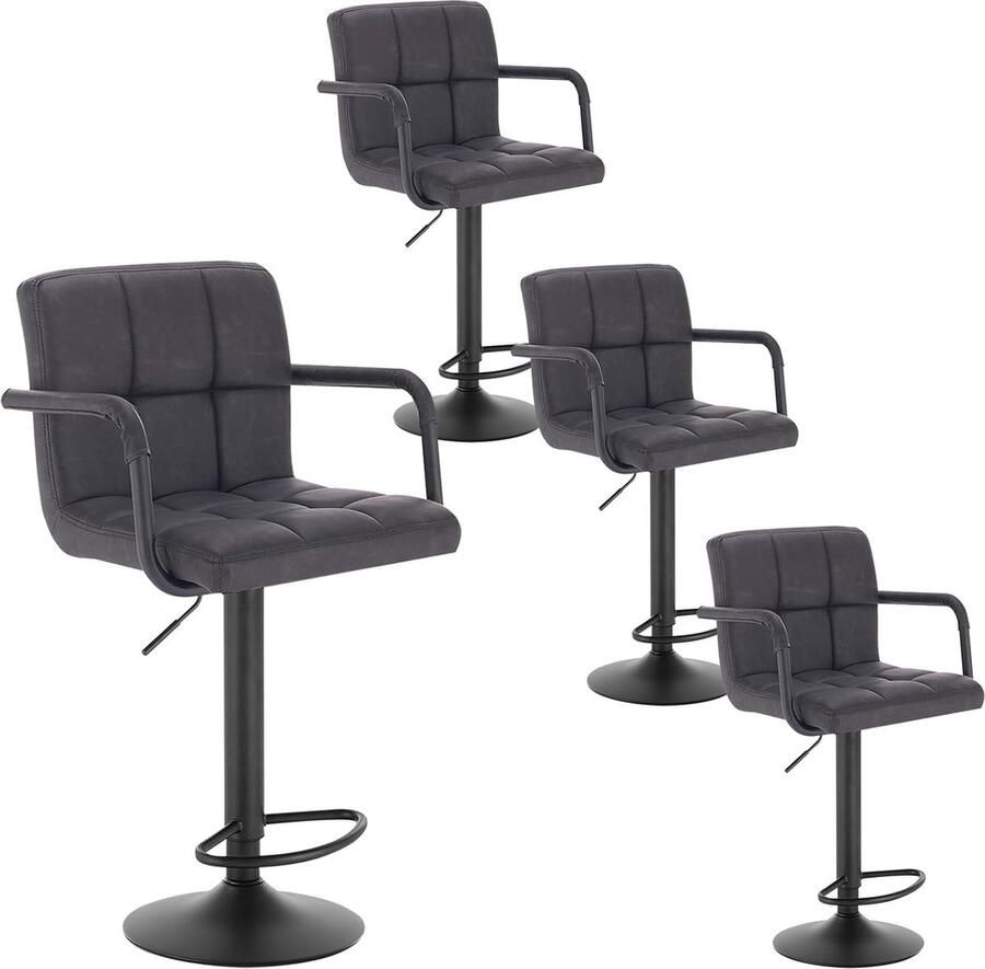 Barkruk set van 4 barstoelen barkruk bistrokruk designer kruk met rugleuning kunstleer in antieke lederlook in hoogte verstelbaar draaibaar staal antraciet BH113an-4