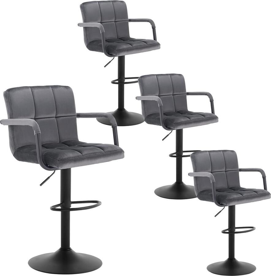 Barkruk Set van 4 barstoelen barstoel barkruk bistrokruk designer kruk met rugleuning fluweel in antieke lederlook in hoogte verstelbaar draaibaar staal donkergrijs