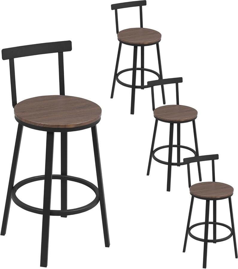 Furnibella -Barkruk Set van 4 – Ronde Barstoelen met Rugleuning Metalen Frame en Voetensteun Donkere Houtlook