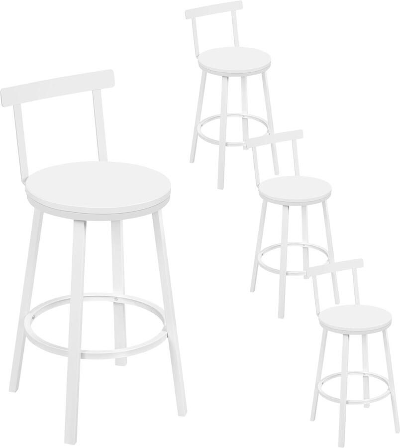Furnibella -Barkruk Set van 4 – Ronde Barstoelen met Rugleuning Metalen Frame en Voetensteun Wit