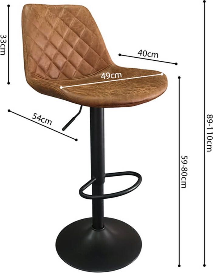 Barkruk Zoltan Cognac Kunstleer Set van 2 Geschikt voor kookeiland Draaibaar Met rugleuning In hoogte verstelbaar Zithoogte 59 80 cm Zitdiepte 40 cm