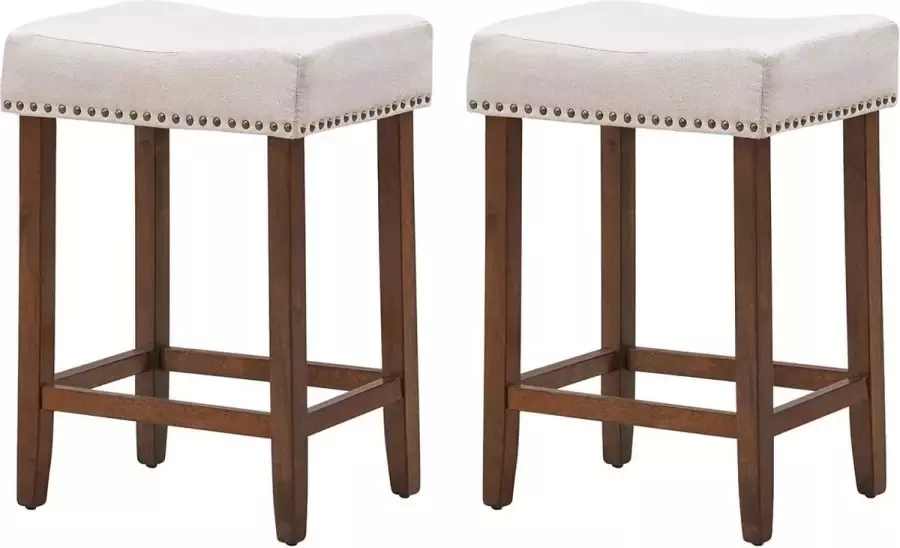 Barkrukken set van 2 Barkruk- zadel barkrukken 61 cm hoog achterloze barstoelen messing nagelkop studs gestoffeerd spons kussen & massief rubber houten poten eigentijds klassiek elegant modern barkruk barstoel (Beige)