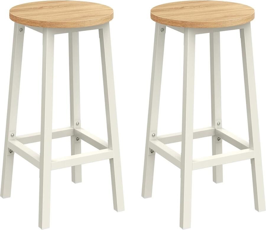Barkrukken set van 2 barstoelen met metalen frame en voetsteun 65 cm hoog eenvoudig te monteren voor keuken woonkamer of eetkamer eikenbeige-wit