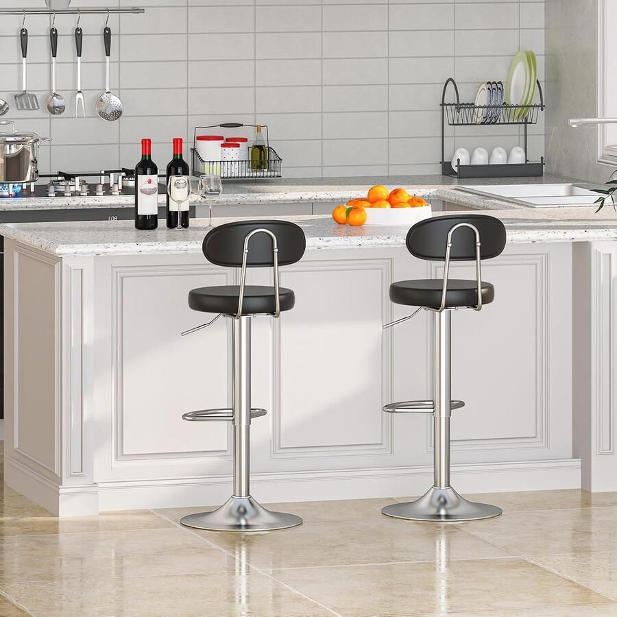 Barkrukken set van 2 barstoelen van PU in hoogte verstelbaar keukenstoelen 360° draaibaar met rugleuning en voetensteun gevoerde zitting van schuim zwart