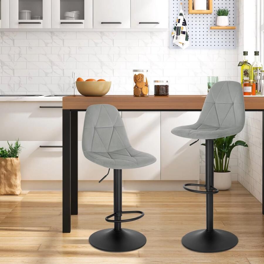 Barkrukken Set van 2 Ergonomische Barstoelen – Fluweelen Zitten met Rugleuning – Verstelbare Hoogte (60-81 cm) – 360° Draaibaar – Stabiele Basis – Lichtgrijs