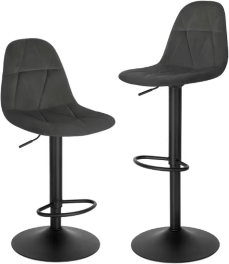 Barkrukken Set van 2 Ergonomische Barstoelen – Fluweelen Zitten met Rugleuning – Verstelbare Hoogte (60-81 cm) – 360° Draaibaar – Stabiele Basis – Donkergrijs