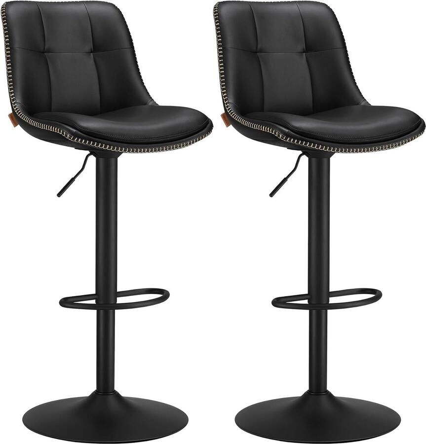 Barkrukken set van 2 in hoogte verstelbare barstoelen draaibare keukenkruk gewatteerde PU-overtrek met rugleuning en voetensteun eetkamer toonbank staal inktzwart