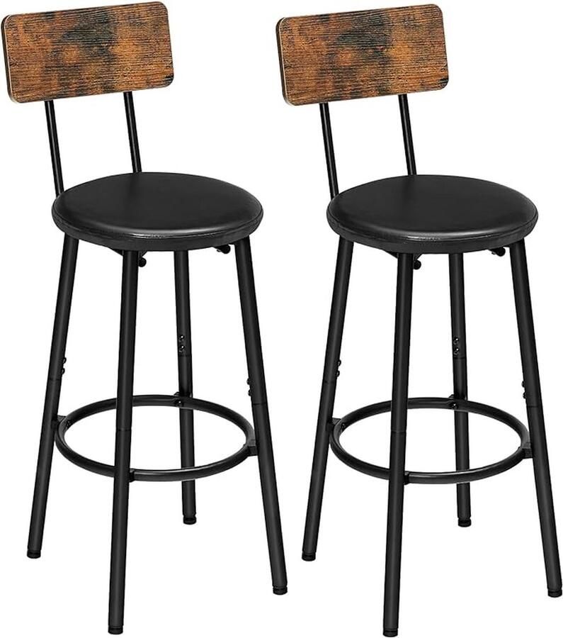 Barkrukken set van 2 met rugleuning barstoelen met PU-lederen bekleding keukenstoelen met voetensteun voor keuken woonkamer bar eenvoudige montage vintage bruin en zwart