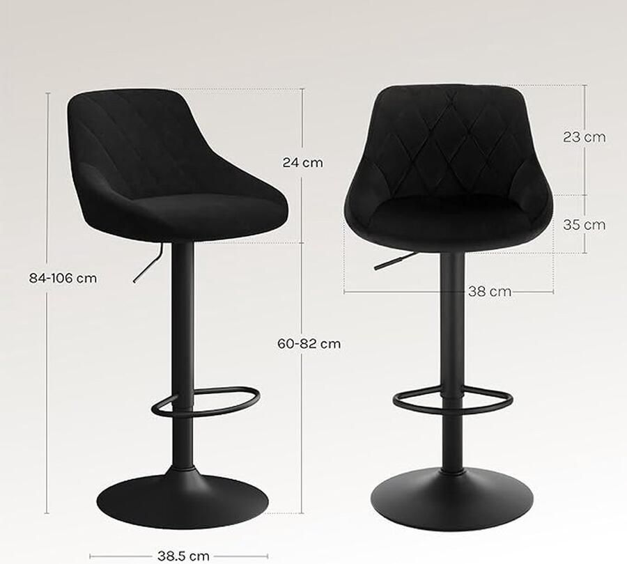 Barkrukken Zwarte Barstoelen Ontbijt Eetkrukken voor Keuken Island Counter Barkrukken Set van 4 stuks Fluwelen Buiten Verstelbare Draaibare Gas Lift Stalen Voetsteun & Base BH219sz-4-UK