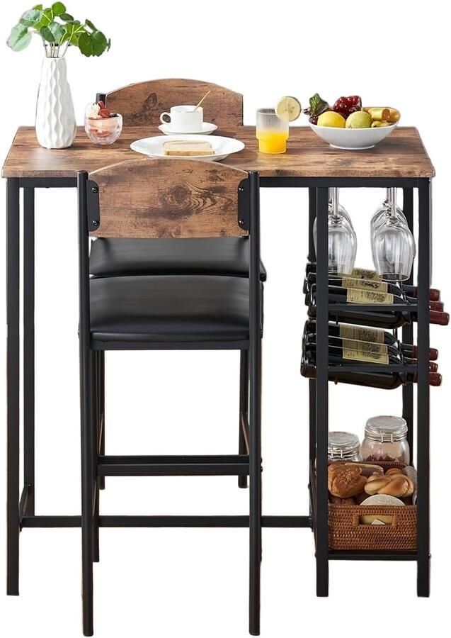 Corenia Barset voor 2 Personen – Bistroset – Eettafelset – Barstoelen – Keukentafelset – Compact Design – MDF Houtlook – Gevoerde Zittingen – Met Voetsteun – Eenvoudig Te Monteren – Stevig Metalen Frame – Rustieke Bruine Kleur