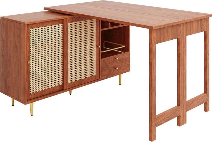 Bartafel 107x40x71cm Rechthoekige Hoge Tafel Bruin Hout Rotan Deur Met Opbergkast En Open Rek 360 Graden Draaibaar Uitschuifbaar Ontwerp Geschikt Voor Keuken Eetkamer