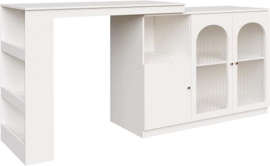 Bartafel 120x40x97cm Rechthoekig Wit MDF Multifunctionele Opslagkast 360 Graden Draaibaar Met Glazen Deur Modern Eenvoudig Ontwerp Geschikt Voor Keuken Bar Woonkamer