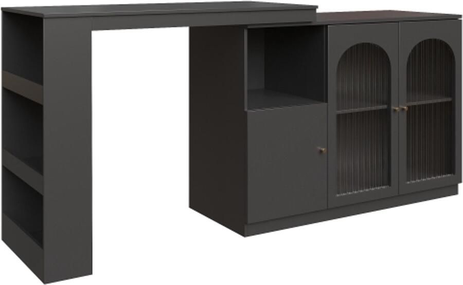 Bartafel 120x40x97cm Rechthoekig Zwart MDF Multifunctionele Opslagkast 360 Graden Draaibaar Met Glazen Deur Modern Eenvoudig Ontwerp Geschikt Voor Keuken Bar Woonkamer
