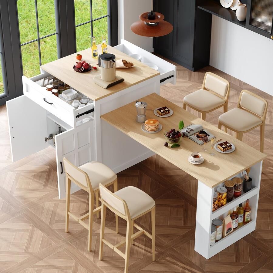 Gotagee Uitschuifbare bartafel met opbergruimte (133-202×70×93 5cm) met twee lades en vier compartimenten uitschuifbare keukentafel voor 2-6 personen keukentafel met zijplanken wit