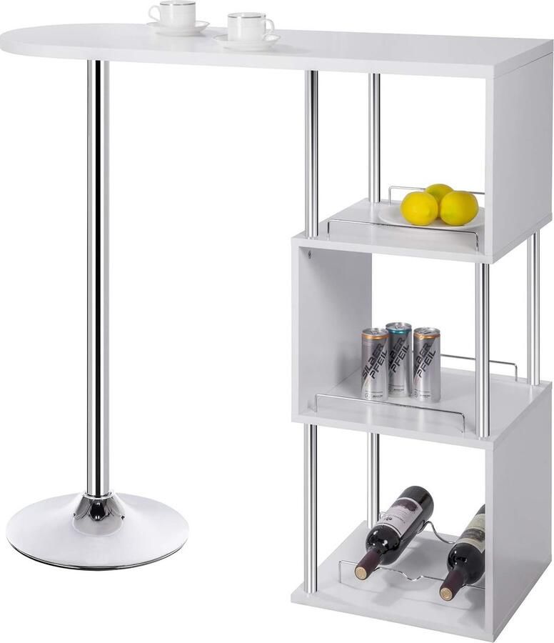 Bartafel Bistrotafel Wit met 3 planken en flessenhouder Keukentafel 113x40x105cm in MDF en metaal
