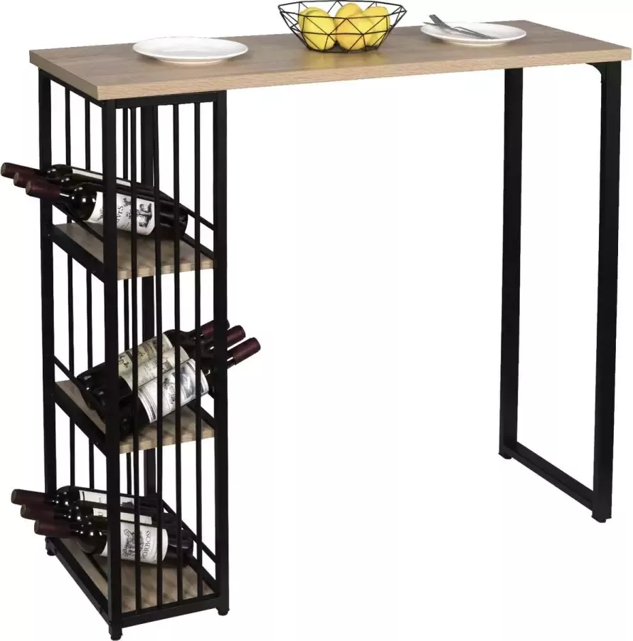 Bartafel Countertafel in Spaanplaten en staal 120x40x105cm Bistrotafel Lichteiken met 3 planken