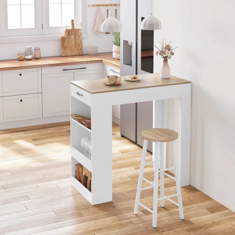 Corenia Bartafel Keukentafel Hoge Tafel Bar 1 Lade 3 Planken Hout 100x100x50cm Wit